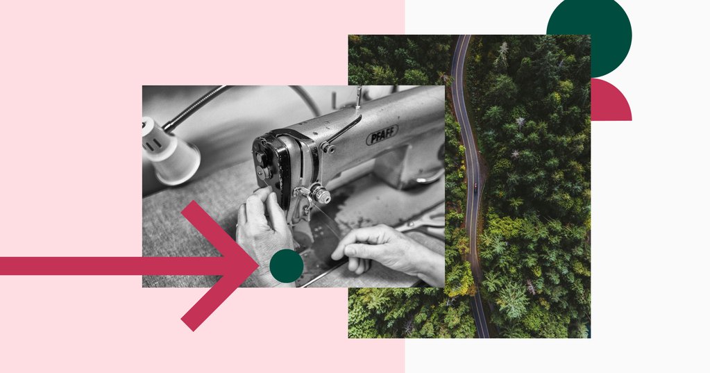 Two photographs side by side, framed in peach and grey. The photo on the left is a picture of hands working on a sewing machine. The photo on the right is an aerial image of a road winding through a forest. 