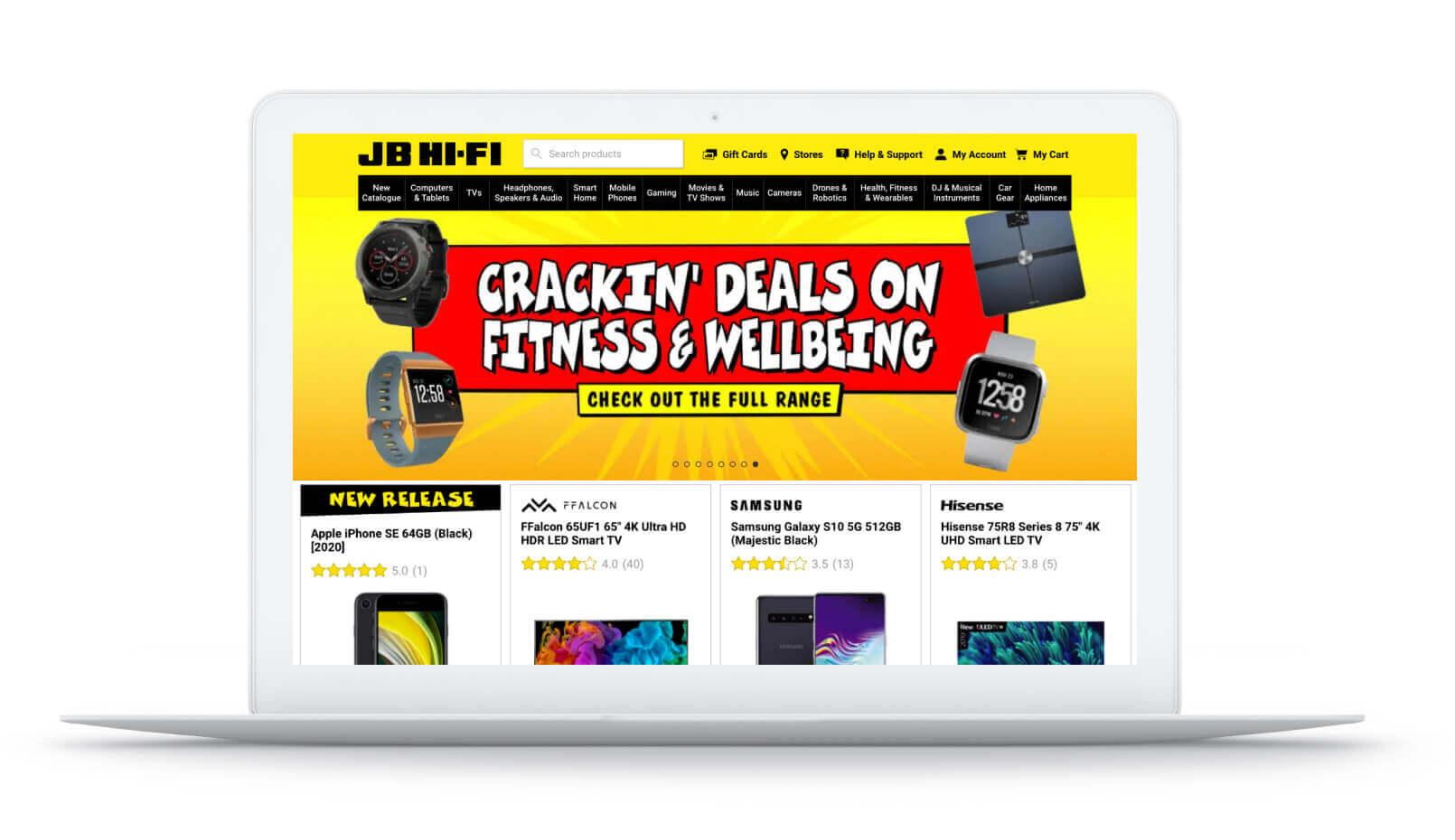 Open laptop displaying JB Hi-Fi website.