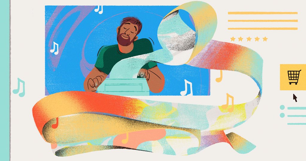 Illustration of a man with a dark complexion, writing product descriptions. Using sheet music as a metaphor we see an arrow pointing to a shopping cart in the right center of the drawing. 