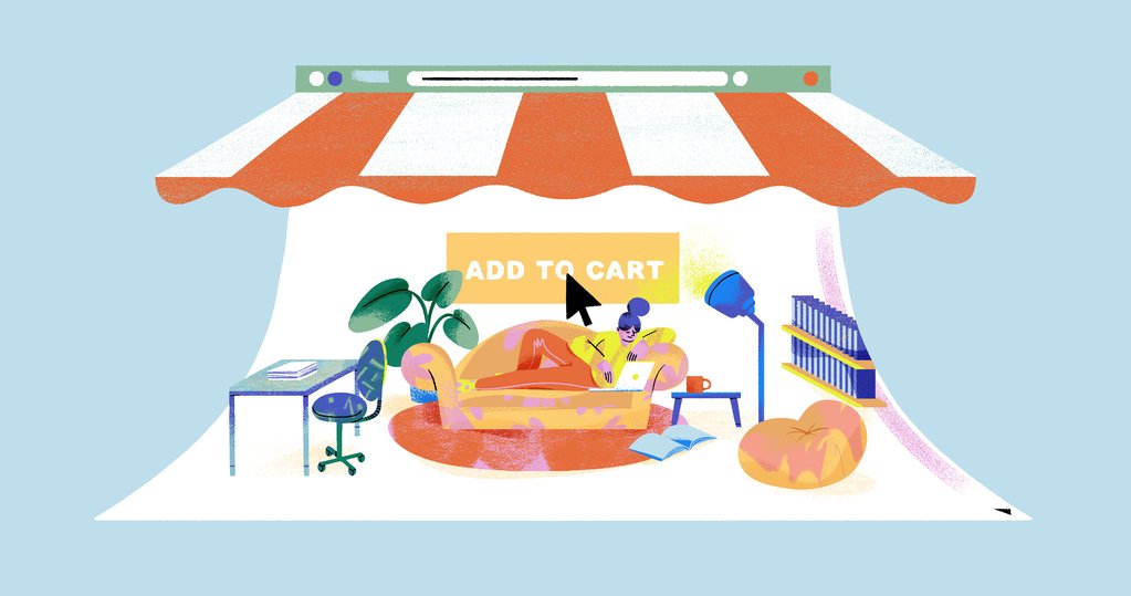 Illustration of a young woman working in her living room. The living room is framed by a homescreen to show the duality of working at home while running an e-commerce business. 