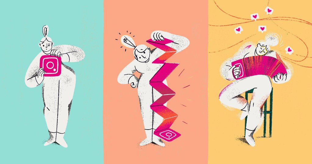 Illustration of three characters interacting with the Instagram logo, as a metaphor for how to make Instagram work for you and your business. 
