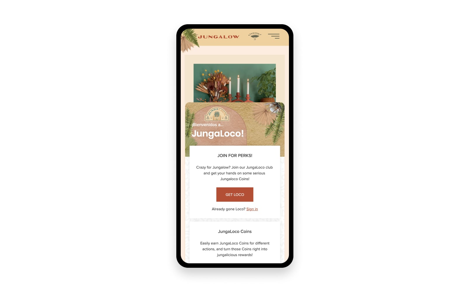 The JungaLoco loyalty club webpage is displayed on a mobile device.