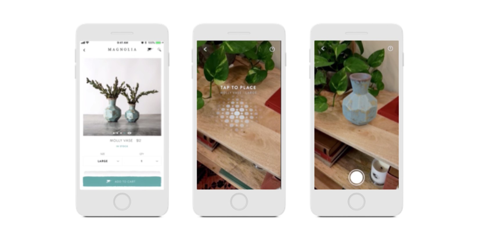 Three phones side by side display the Magnolia Market app in action. The app uses augmented reality to virtually place a blue vase in a customer’s home.