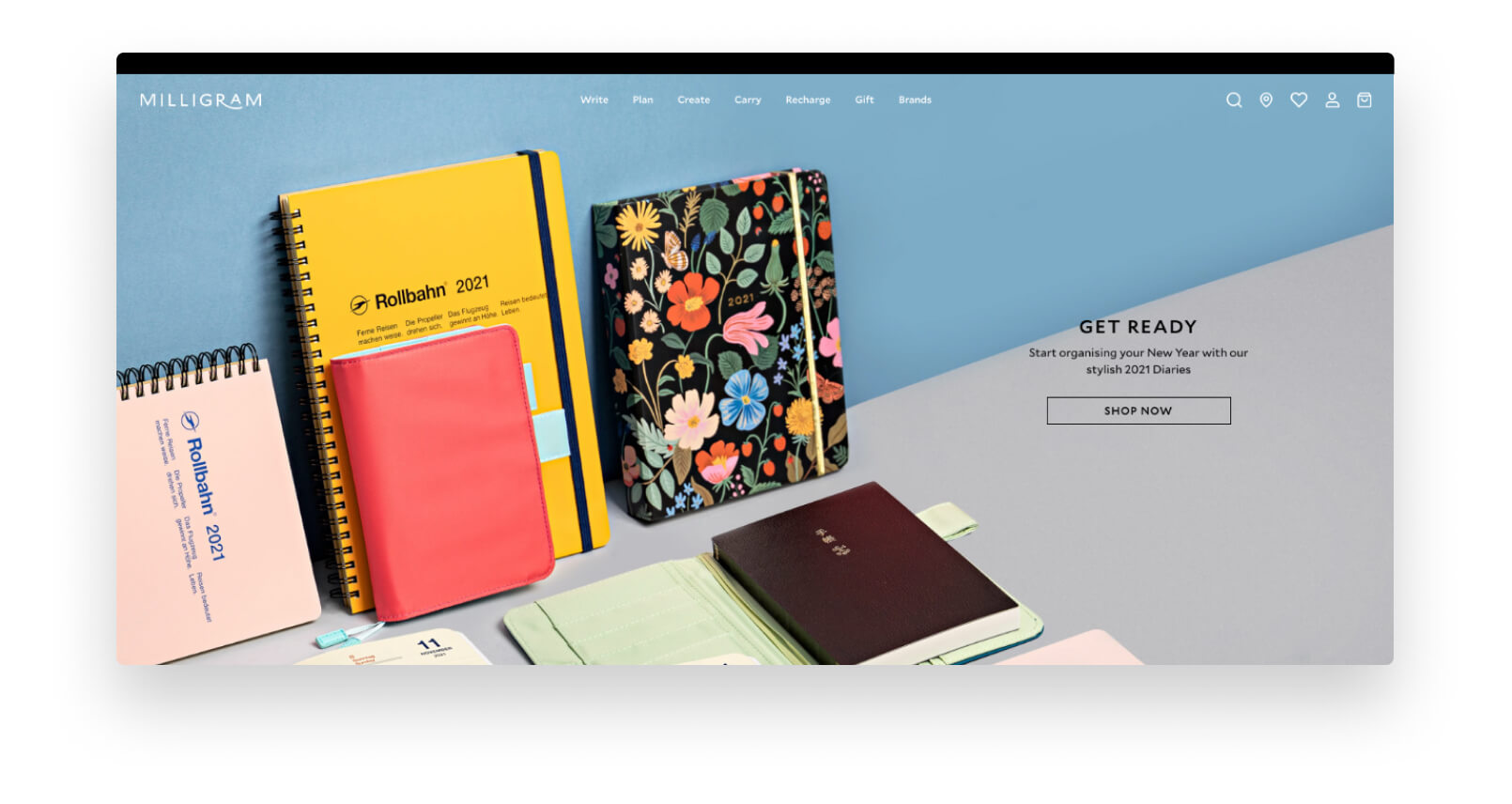 Desktop view of Milligram's online store, displaying a variety of notebooks and agendas.