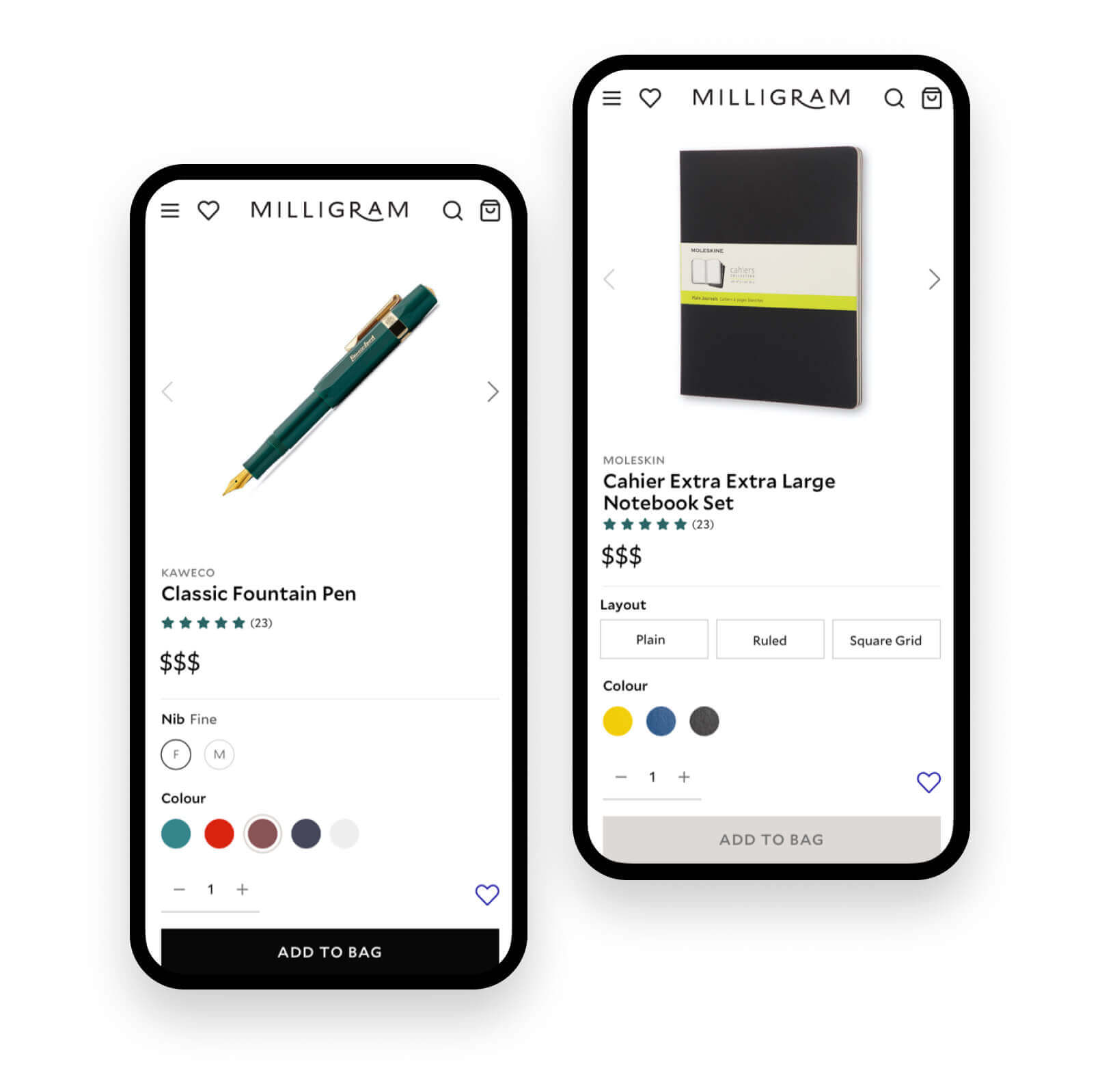 Two mobile views of Milligram's online store, displaying a classic fountain pen and a notebook set.