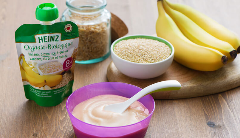 Heinz organic banana, brown rice, and quinoa baby food.
