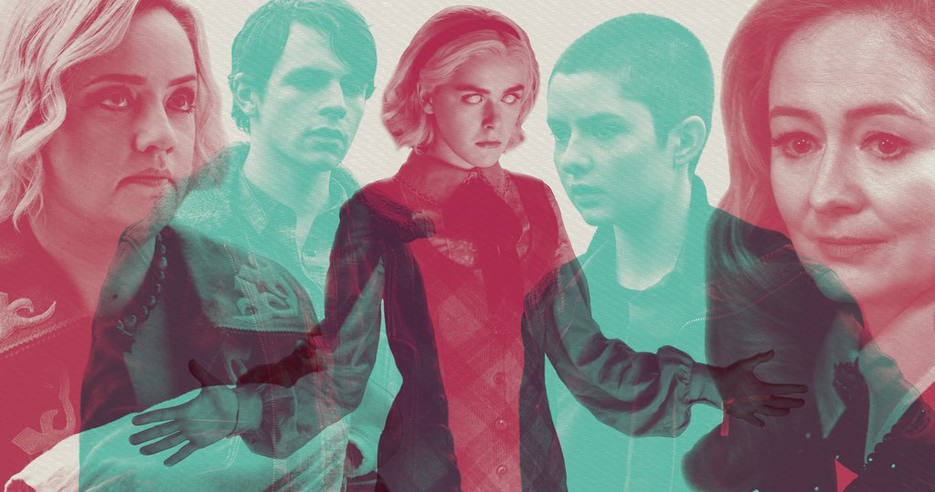 Photo collage of the cast of Chilling Adventures of Sabrina. From left to right Hilda Spellman (Lucy Davis), Harvey Kinkle (Ross Lynch), Sabrina Spellman (Kiernan Shipka), Susie Putnam (Lachlan Watson) and  Zelda Spellman (Miranda Otto) 