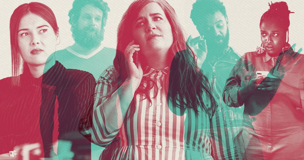 Photo collage of the cast of Shrill. From left to right Ruthie (Patti Harrison), Ryan (Luka Jones), Annie Easton (Aidy Bryant), Amadi (Ian Owens), and Fran (Lolly Adefope).