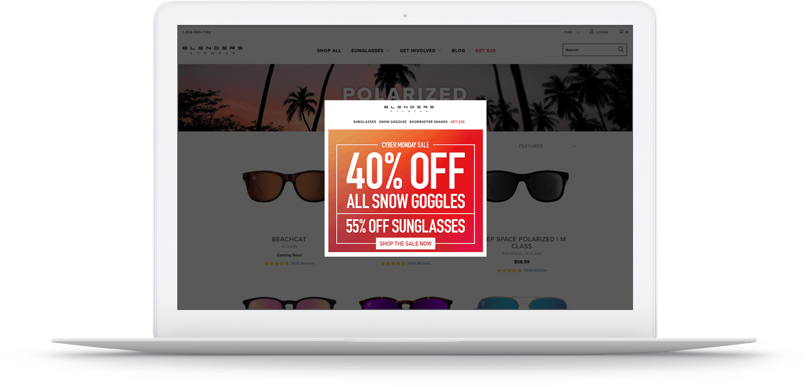 Blenders Eyewear’s Shopify store featuring a promotion for Cyber Monday.