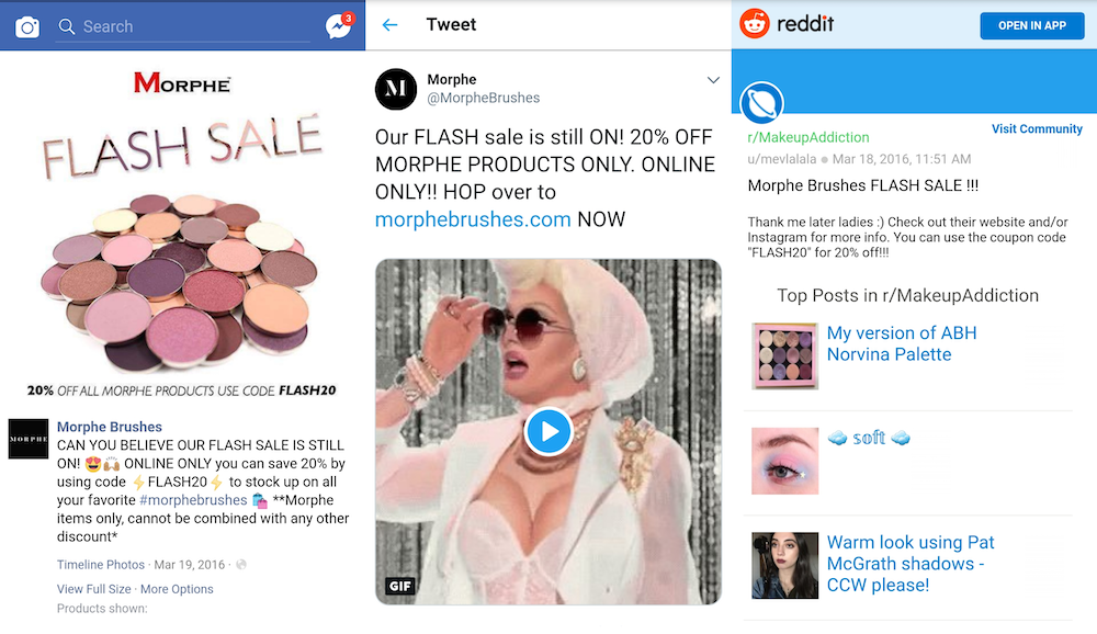 Morphe promoting its flash sale on Facebook, Twitter, and Reddit